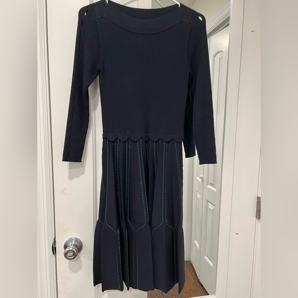 Sandro Paris Navy Embroidered Fit and Flare Dress